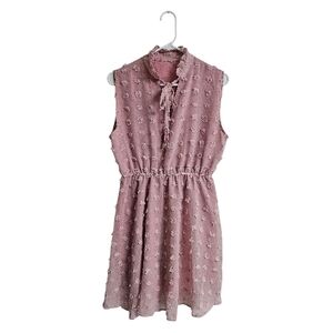 Girls' Pink Sleeveless Textured Tie-Neck Dress